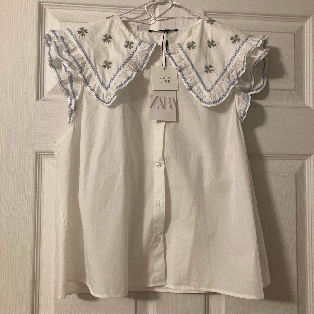 Zara Sailor Collar Floral Embroidery Blouse